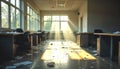 Abandoned Office Interior with Sunlight and Scattered Papers, Empty Workplace Concept Royalty Free Stock Photo