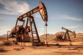 An abandoned oil pump, weathered by time, stands alone in the vast expanse of the desert., Old rusted crude oil pumpjack rig in Royalty Free Stock Photo