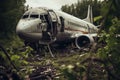 Abandoned old airplane in the forest. Environmental pollution concept, The plane crashed to the ground, AI Generated