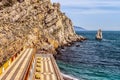 An abandoned old beach in the village of Gaspra, Yalta. A beautiful view of the rock Sail - a landmark Royalty Free Stock Photo