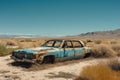 Abandoned old car in desert. Generate Ai Royalty Free Stock Photo