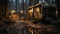 Abandoned old car in spooky forest, rusty machinery burning generated by AI Royalty Free Stock Photo