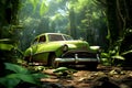 Abandoned old car in the tropical forest, cinematic Royalty Free Stock Photo