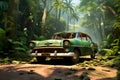 Abandoned old car in the tropical forest, cinematic Royalty Free Stock Photo