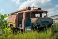 Abandoned old fire station truck during summer in the lost forgotten village Royalty Free Stock Photo