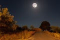 A lonely country road at night with the full moon in the sky. Royalty Free Stock Photo