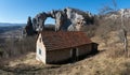 Abandoned old house and stone bridge as natural phenomenon Royalty Free Stock Photo