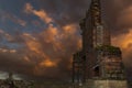 Abandoned old mansion house in ruins. Dramatic sunset with rain clouds building Royalty Free Stock Photo