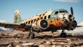 Abandoned old military airplane, rusty propeller, damaged engine, obsolete technology generated by AI