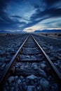 Abandoned old railroad tracks leading to horizon through barren desert landscape. Twilight sky Royalty Free Stock Photo