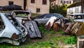 Abandoned old rusty body and parts of retro car Royalty Free Stock Photo