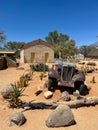 Abandoned old rusty car. Body of a retro car in the sands. Desert in Namibia. Royalty Free Stock Photo