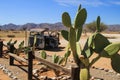 Abandoned old rusty cars in the desert of Namibia and a plump white tourist girl near the Namib-Naukluft National Park