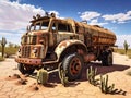 Abandoned old rusty four wheels cistern truck in desert landscape, generative ai