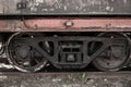 Old rusty soviet locomotive at platform