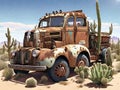 Abandoned old rusty truck vehicle in sandy desert, generative ai