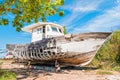 Abandoned old wooden fishing boat near Fazana, a small town on the Istrian peninsula in Croatia Royalty Free Stock Photo