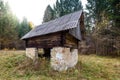 Abandoned old wooden house Cabin in the woods in Slovenia. Royalty Free Stock Photo