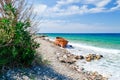 Abandoned orange boat at the beach Platanaki Royalty Free Stock Photo