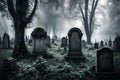 An abandoned, overgrown cemetery with ancient tombstones surrounded by dense fog Royalty Free Stock Photo