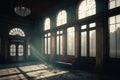 Abandoned overgrown train station with sun streaming through windows. Glowing church. Post-apocalyptic building crumbling. Royalty Free Stock Photo