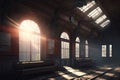 Abandoned overgrown train station with sun streaming through windows. Glowing church. Post-apocalyptic building crumbling. Royalty Free Stock Photo
