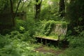 abandoned park bench surrounded by weeds Royalty Free Stock Photo