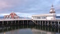 Abandoned pier sea coastal victorian wooden building derelict clouds water time lapse Dunoon Scotland UK Royalty Free Stock Photo