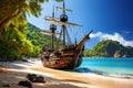 Abandoned Pirate ship at beach. Generate Ai