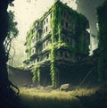 abandoned places overgrown with jungle post apocalypse illustration design art.