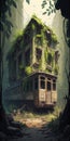 abandoned places overgrown with jungle post apocalypse illustration design art.