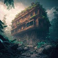 abandoned places overgrown with jungle post apocalypse illustration design art.