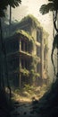 abandoned places overgrown with jungle post apocalypse illustration design art