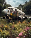 An abandoned plane its majestic wings now sheltering a blooming garden of flowers Abandoned landscape. AI generation