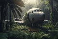 Abandoned plane in jungle. Generative AI