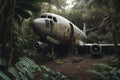 Abandoned plane in jungle. Generative AI