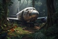 Abandoned plane in jungle. Generative AI