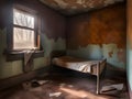 Abandoned prison cell room with old rusty bed frame and peeling walls Royalty Free Stock Photo