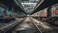 Abandoned railroad station platform, rusty locomotive spooky generated by AI