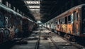 Abandoned railroad station, rusty metal, vanishing point, spooky night generated by AI