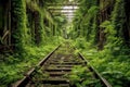 abandoned railroad tracks overgrown with greenery
