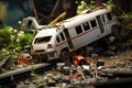 Abandoned railroad tracks with toy cars. Selective focus, Train crashes in car, AI Generated