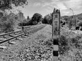 Abandoned railway and a sign, grayscale