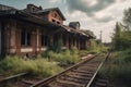 abandoned railway station, with old train cars and tracks left behind Royalty Free Stock Photo