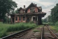 abandoned railway station, with old train cars and tracks left behind Royalty Free Stock Photo