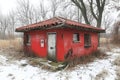 Abandoned Red Brick Cottage in Winter Snow Royalty Free Stock Photo