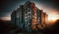 An abandoned residential building at dawn, its facade crumbling and overgrown with ivy. Royalty Free Stock Photo