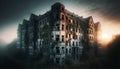 An abandoned residential building at dawn, its facade crumbling and overgrown with ivy. Royalty Free Stock Photo