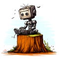 Abandoned robot sit on tree stump Royalty Free Stock Photo