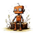 Abandoned robot sit on tree stump Royalty Free Stock Photo